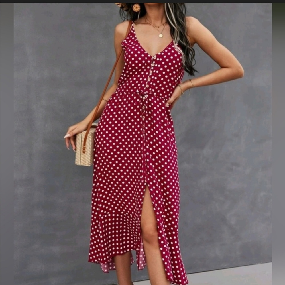 Red Polka Dot Spaghetti Strap Timeless Vintage Retro Classic Flowy Midi Dress